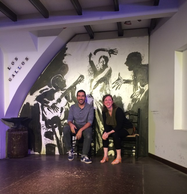 Flamenco action painter Patricio Hidalgo Morán and me in front of his artwork at Tablao Los Gallos, Sevilla. 